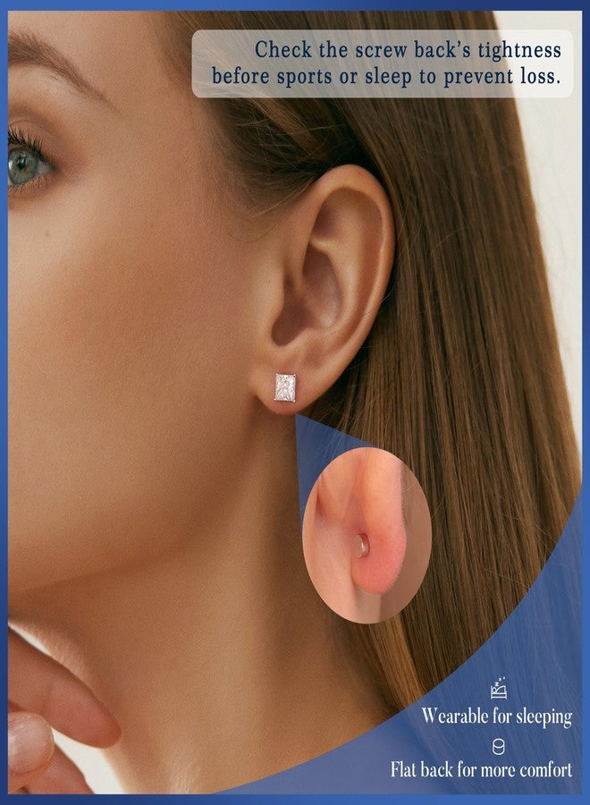 MOOSEA أقراط مويسانيت بقطع برنسيس عيار 2 قيراط من MOOSEA للنساء، أقراط مويسانيت مصنعة مخبرياً بمسمار خلفي، أقراط من الفضة الإسترليني عيار 925 بظهر مسطح للنساء والرجال، هدايا مجوهرات - Image 3